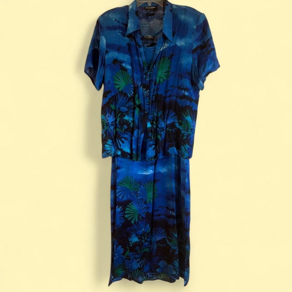 Caribou NY Vintage 90s 2 Pc Tropical Maxi Dress & Blouse Set Blue Rayon 1X